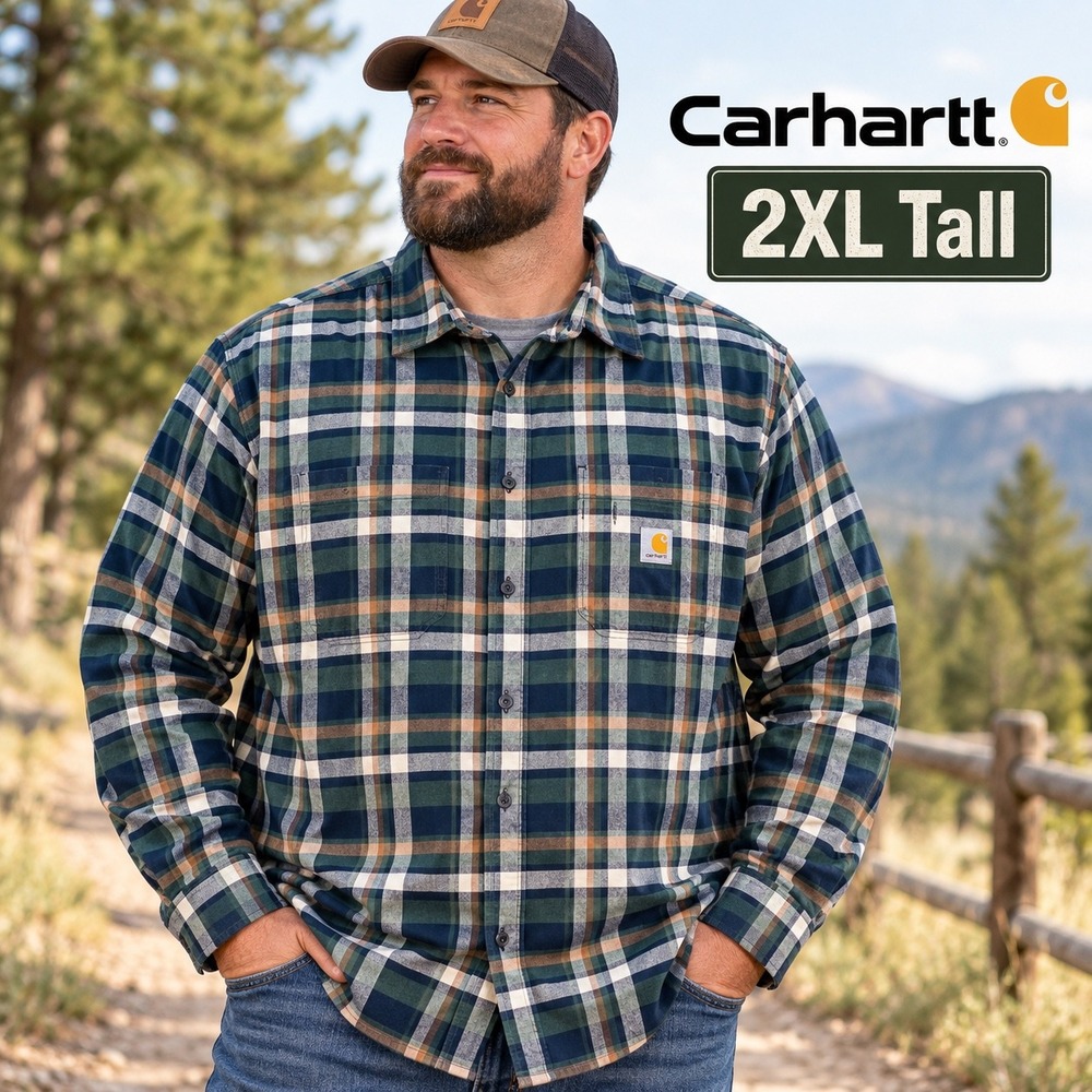 Carhartt Flannel Button Up Shirt Mens 2XL Tall Green Plaid Relaxed Fit Workwear